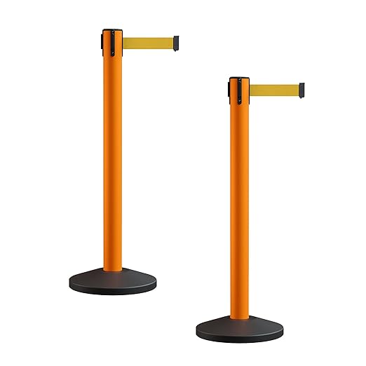 Crowd Control Warehouse CCW Series RBB-150 - Set of 2 Stanchion Retractable Belt Barriers - 16 Foot, Yellow Belt with Orange Post - Easy Assembly