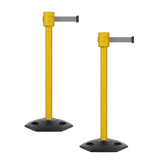 Montour Line MSR760 Set of 2 Retractable Belt Barrier Stanchion, Rubber Base, Yellow Post (35 ft Light Grey Belt)