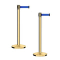 CCW Series RBB-100 - Set of 2 Stanchion Retractable Belt Barriers (9 Foot Belt, Blue Belt with Polished Brass Post)