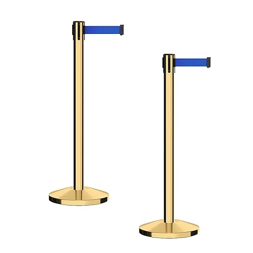 CCW Series RBB-100 - Set of 2 Stanchion Retractable Belt Barriers (11 Foot Belt, Blue Belt with Polished Brass Post)