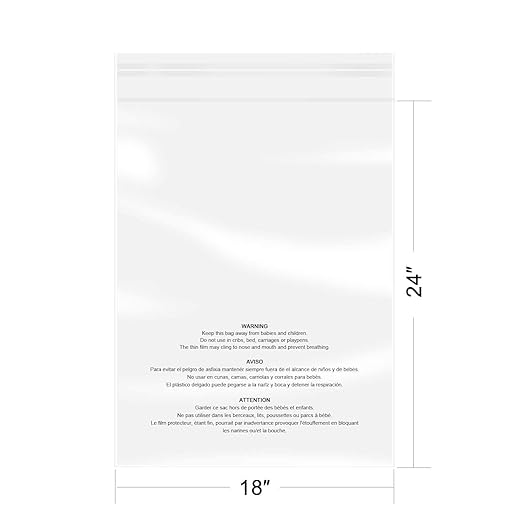 iMailer - 100 Count - 18" x 24" Clear Plastic Poly Bags with Suffocation Warning Self Seal 1.6 Mil for Clothing, T-Shirts, Pants-Resealable Adhesive,Not Strong