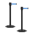 Montour Line MSR760 Set of 2 Retractable Belt Barrier Stanchion, Rubber Base, Black Powder Coated Post (35 ft Light Blue Belt)