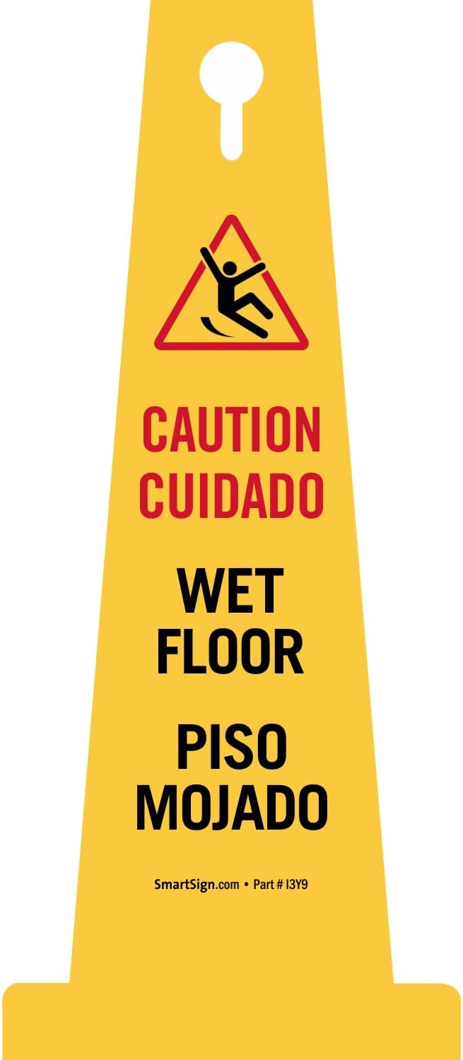 SmartSign 4-Sided Bilingual Caution Wet Floor Cone Sign with Symbol - 26.75" x 11", Tough Molded Plastic, Stackable Safety Cones, Insert Slots for Easy Use, 360-Degree Visibility, Yellow