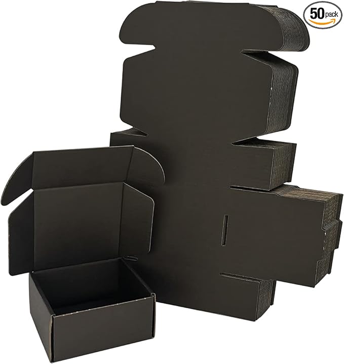 50 Pack 4x4x2'' Small Shipping Boxes, Black Corrugated Cardboard Literature Mailers, Mailing Packaging Supplies for Small Business (BK442-50)