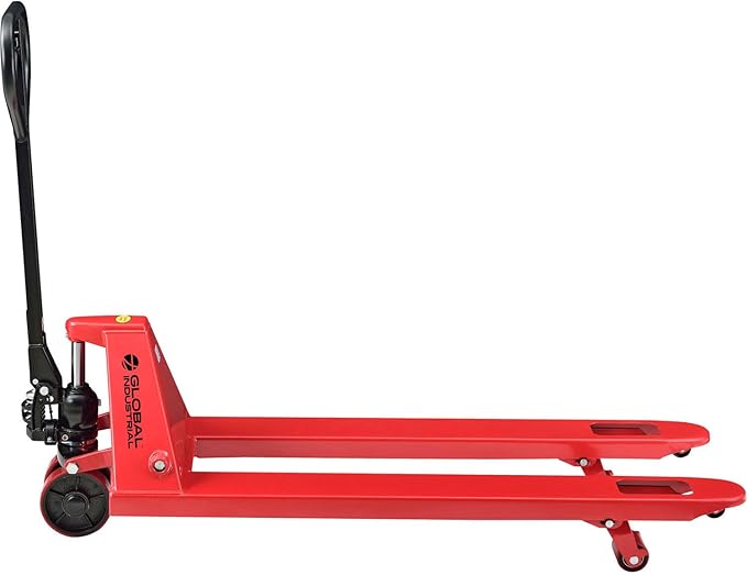 Global Industrial Standard Duty Narrow Pallet Jack with 21" W x 48" L Forks, 5500 lb. Capacity, Manual Pallet Truck for Warehouse, Manufacturing and Retail, Red Powder Coat Finish