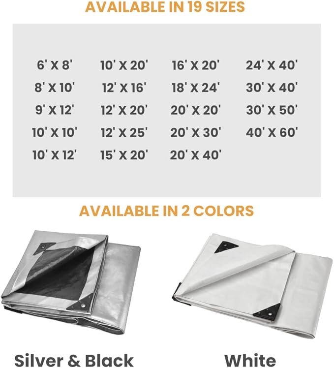 WHITEDUCK Super Heavy Duty Poly Tarp Cover 16 Mil & 10 Mil with Grommets and Reinforced Edges (Brown, White & Silver Black) (Silver Black- 10 Mil, 10' x 20')