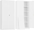 Greenvelly Metal Garage Storage Cabinet, White Steel Lockable Cabinet with 2 Doors and 4 Adjustable Shelves,Utility Metal Filing Cabinet with Lock for Home Office, Garage, Pantry, Kitchen