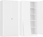 Greenvelly Metal Garage Storage Cabinet, White Steel Lockable Cabinet with 2 Doors and 4 Adjustable Shelves,Utility Metal Filing Cabinet with Lock for Home Office, Garage, Pantry, Kitchen