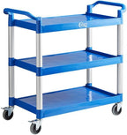 Blue Plastic Utility Cart with 3 Shelves, 42 x 20 Inches, 450 lb Capacity, Swivel Casters, for Restaurant Bussing and Commercial Use