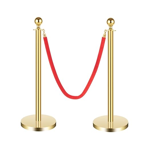 8 Pcs Stanchions with Red Velvet Ropes Set, 4 Red Velvet Ropes and 8 Stainless Steel Posts with Base, Runner Poles for Red Carpet Party Decoration Crowd Control Barriers (Golden)