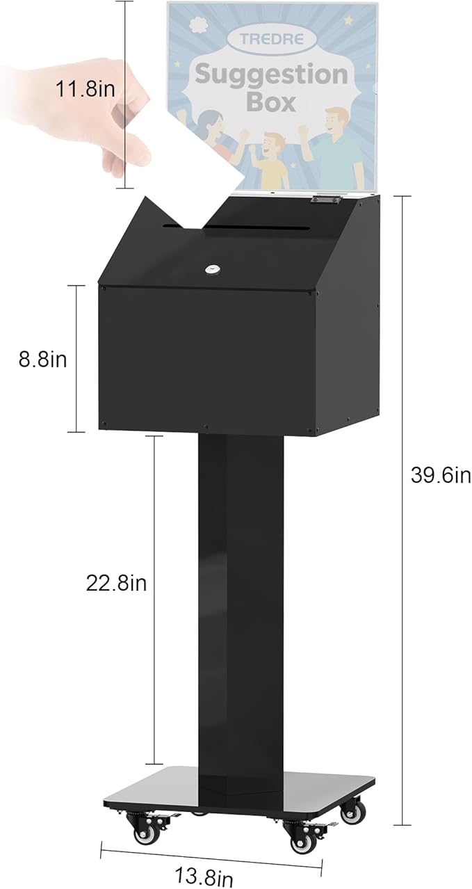 MOOFI Large Capacity Acrylic Suggestion Box with Lock, Sign Holder, Donation Stand, Offering/Ballot /Raffle Box on Stand with Wheels, 13.8 in Cube (39.6 in Tall) - Can Use With & Without Stand Black