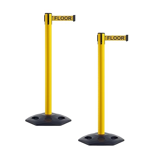 CCW Series WBB-200 Set of 2 Outdoor Safety Rubber Base Stanchion Retractable Belt Barriers - Easy to Assemble (11 Foot Belt, Yellow"Caution - Wet Floor" Black Letters Belt with Yellow Post)