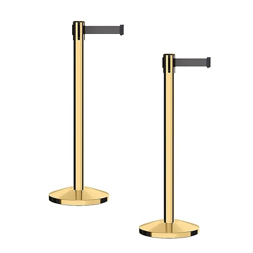 CCW Series RBB-100 - Set of 2 Stanchion Retractable Belt Barriers (7.5 Foot Belt, Dark Grey Belt with Polished Brass Post)