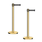 CCW Series RBB-100 - Set of 2 Stanchion Retractable Belt Barriers (9 Foot Belt, Dark Grey Belt with Polished Brass Post)