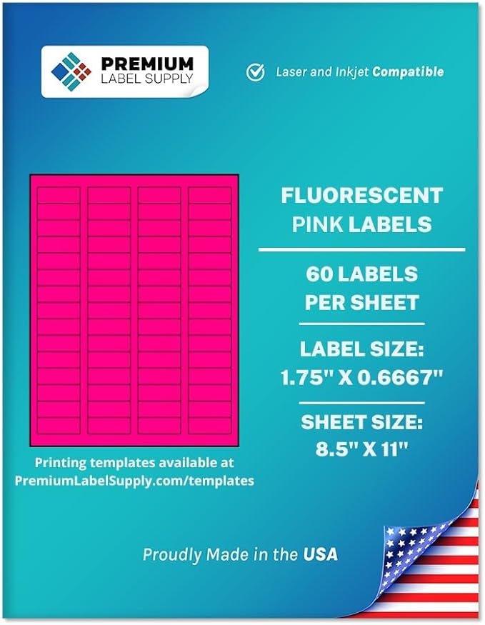 Premium Label Supply Bright Neon Color Fluorescent Sticker Labels - 1.75" x 0.6667" Return Address Labels - (Fluorescent Pink, 6000 Labels)