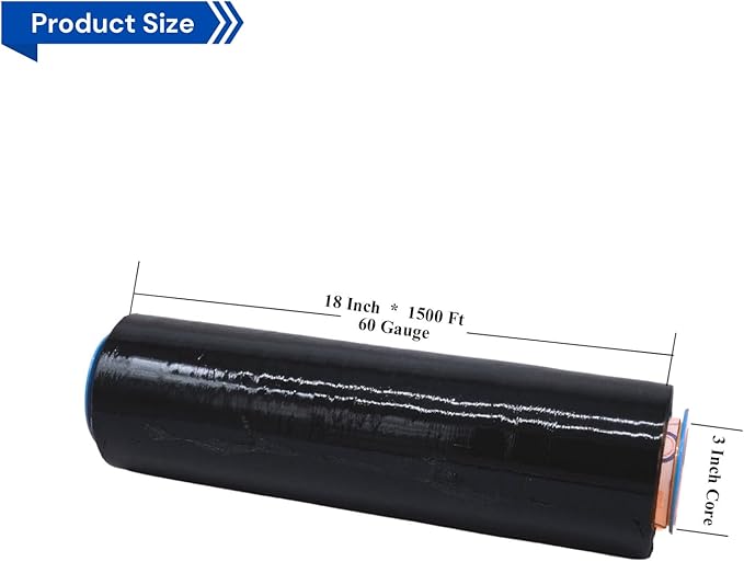 Noah's Ark Warehouse 18" x 1500FT Industrial Class Pallet Wrap, 60 Gauge Black Stretch Film for Warehouse Packing, Adhering Packing Moving Packaging (1 Pack)