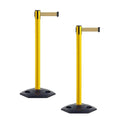 CCW Series WBB-200 Set of 2 Outdoor Safety Rubber Base Stanchion Retractable Belt Barriers - Easy to Assemble, No Tools Required (11 Foot Belt, Light Brown Belt with Yellow Post)