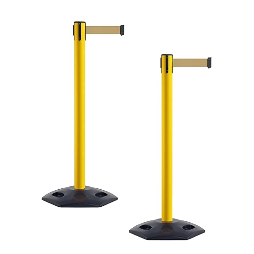 CCW Series WBB-200 Set of 2 Outdoor Safety Rubber Base Stanchion Retractable Belt Barriers - Easy to Assemble, No Tools Required (11 Foot Belt, Light Brown Belt with Yellow Post)