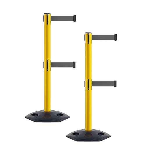 CCW Series WBB-200D - Set of 2 Retractable Dual Belt Stanchion Safety Barrier, Heavy-Duty Rubber Base Yellow Post (7.5 Foot Belt, Dark Grey Belt)