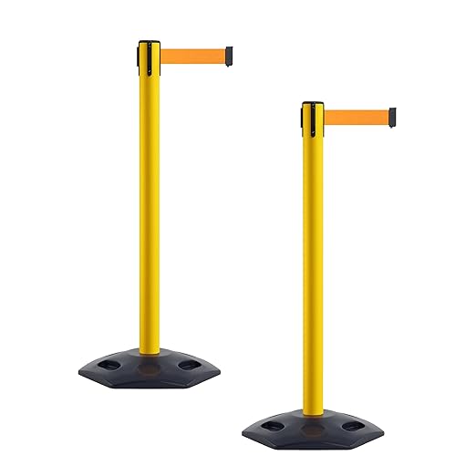 Crowd Control Warehouse CCW Series WBB-200 - Set of 2 Stanchion Retractable Belt Barriers - 11 Foot, Fluorescent Orange Belt with Yellow Post - Easy Assembly