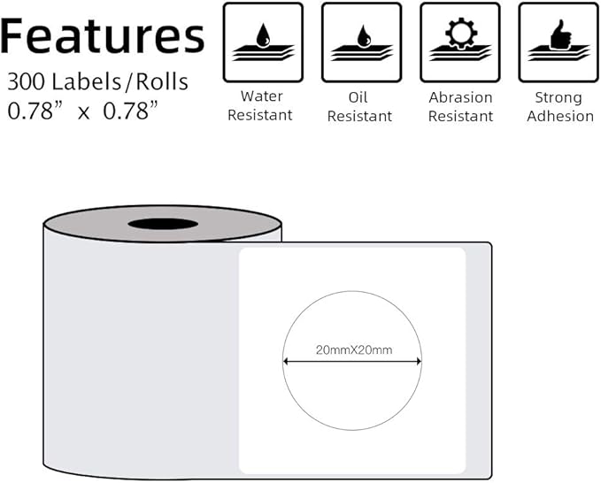 Phomemo Multi-Purpose Self-Adhesive Round Circle Label for Phomemo M110/M110S/M120/M200/M220 Label Maker, 0.78" x 0.78" (20x20 mm) Thermal Labels for Barcode, DIY Logo Design, Black on White