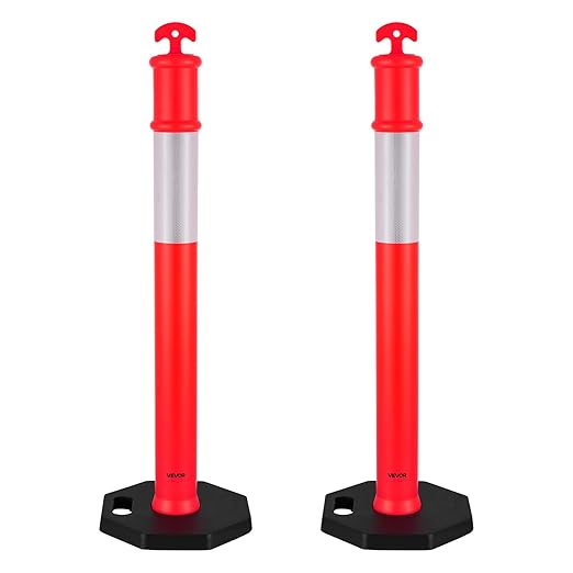 VEVOR 2 Pack Traffic Delineator Posts, 48 inches Traffic Safety Cones with Weighted Base and Reflective Strips, Heavy Duty Delineator Posts for Construction Site, Parking Lot, Crowd Control, Red