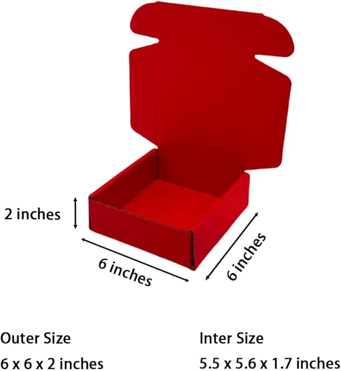 15 Pcs 6 x 6 x 2 inches Corrugated Cardboard Gift Boxes Recyclable Shipping Boxes for Mailing & Holidays, Wedding, Birthday, Gifts Packaging (Red, 6 x 6 x 2")