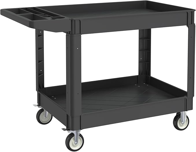 Utility Cart on Wheels, 2 Shelf Heavy Duty Plastic Rolling Cart, 550LBS Capacity Service Carts for Warehouse, Garage, School, Kitchens, Office(Black, 45.7)