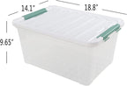 Plastic Storage Bin, Stackable and Nestable Storage Boxes with White Lids and Secure Latching Buckles, Large Storage Container (Clear, 35 Quart-6 Pack)