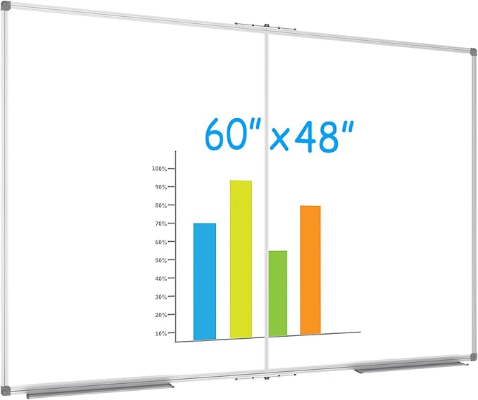 JILoffice Large Foldable White Board 60 x 48 Inches, Dry Erase Magnetic White Board, Silver Aluminum Frame with 2 Detachable Marker Tray Wall Mounted Board for Office Home and School