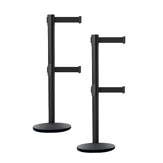Crowd Control Warehouse CCW Set of 2 Dual Retractable Belt Barrier Stanchion, Cast Iron Base Black Post, IRBB-100D (9 Belt, Black Belt)
