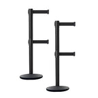 Crowd Control Warehouse CCW Set of 2 Dual Retractable Belt Barrier Stanchion, Cast Iron Base Black Post, IRBB-100D (7.5 Belt, Black Belt)