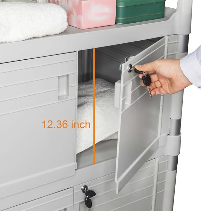 JaboEquip Large Lockable Medical Cart 3 Shelf Hospital Cart Overall Size L34.43xD19.69 inch, JBG-3D2, 606 lbs Load Cap. Off-White (Light Grey) Color