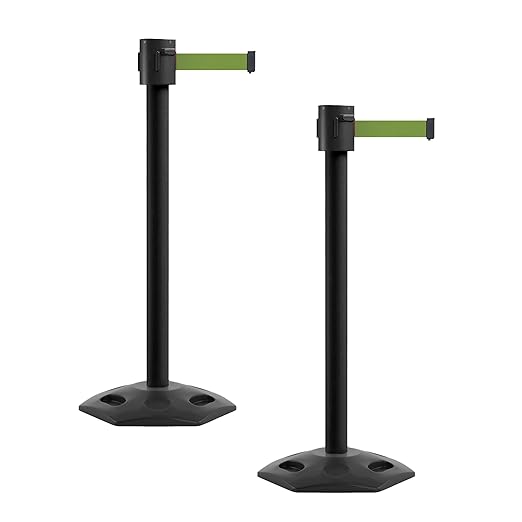 Montour Line MSR760 Set of 2 Retractable Belt Barrier Stanchion, Rubber Base, Black Powder Coated Post (35 ft Olive Belt)