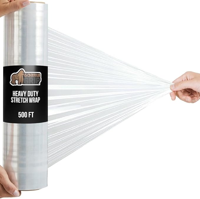 GORILLA GRIP 500% Stretch Film Heavy Duty Plastic, 500ft Shrink Wrap Roll 17" Puncture Resistant, Industrial Strength for Shipping, Pallet Storing, Moving, Packing Furniture Protection 1 Pack Clear