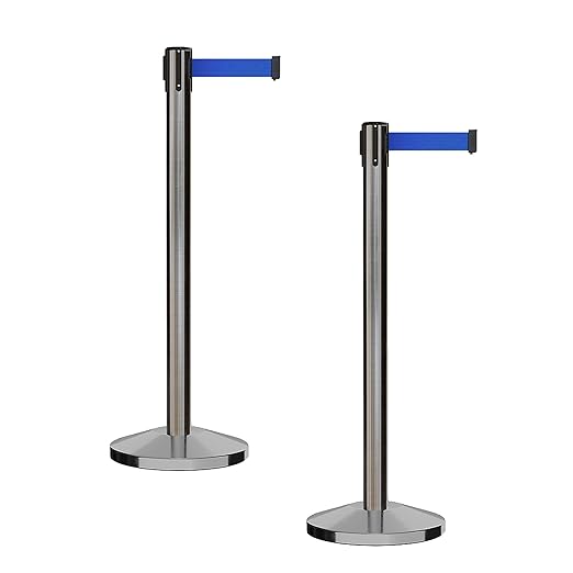 CCW Series RBB-100 - Set of 2 Stanchion Retractable Belt Barriers (7.5 Foot Belt, Blue Belt with Satin Stainless Steel Post)