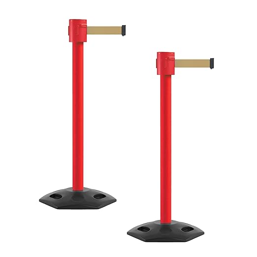 Montour Line MSR760 Set of 2 Retractable Belt Barrier Stanchion, Rubber Base, Red Post (35 ft Light Brown Belt)