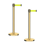 CCW Series RBB-100 - Set of 2 Stanchion Retractable Belt Barriers (11 Foot Belt, Fluorescent Yellow Belt with Polished Brass Post)