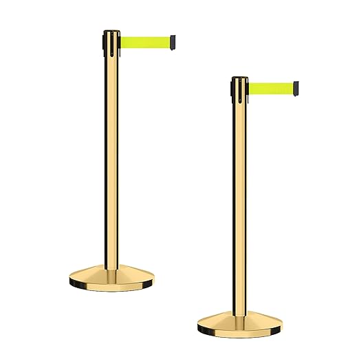 CCW Series RBB-100 - Set of 2 Stanchion Retractable Belt Barriers (11 Foot Belt, Fluorescent Yellow Belt with Polished Brass Post)
