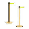 CCW Series RBB-100 - Set of 2 Stanchion Retractable Belt Barriers (9 Foot Belt, Fluorescent Yellow Belt with Polished Brass Post)