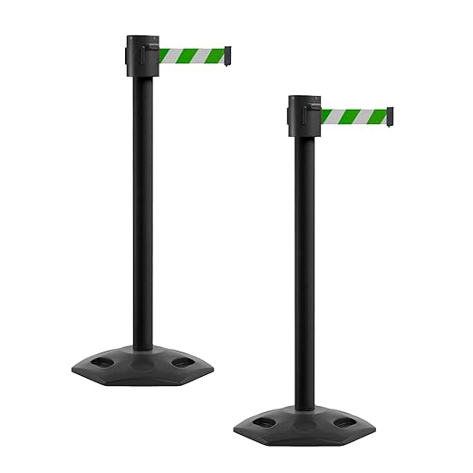 Montour Line MSR760 Set of 2 Retractable Belt Barrier Stanchion, Rubber Base, Black Powder Coated Post (35 ft Green and White Diagonal Belt)