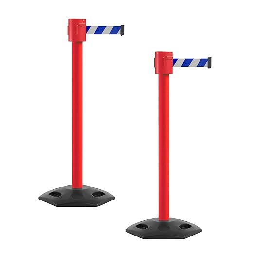Montour Line MSR760 Set of 2 Retractable Belt Barrier Stanchion, Rubber Base, Red Post (35 ft Blue and White Diagonal Belt)