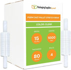 PSBM Stretch Wrap with Handles, 4 Pack, 15 Inch x 1000 Feet, 80 Gauge, Clear Plastic Cling with Extended Core Handles Built in