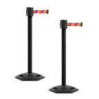 Montour Line MSR760 Set of 2 Retractable Belt Barrier Stanchion, Rubber Base, Black Powder Coated Post (35 ft Magenta and Yellow Diagonal Belt)