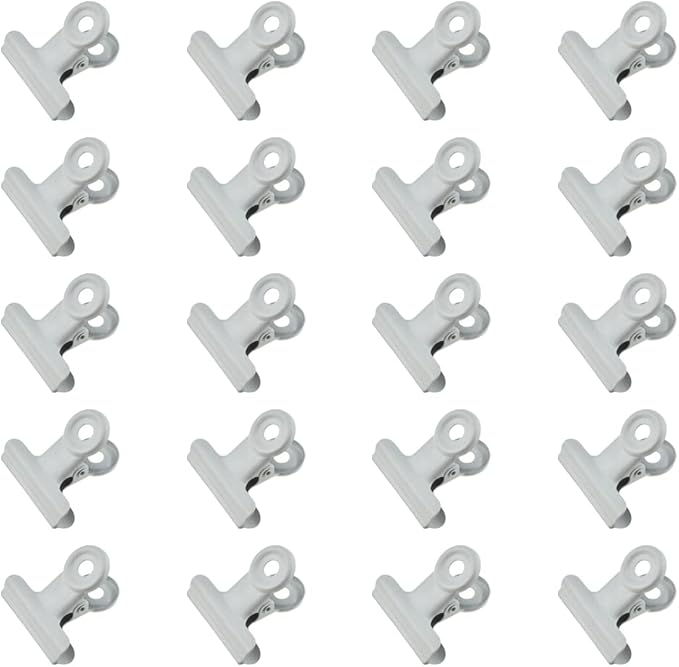 HAHIYO 1.25inch White Bulldog Clips Metal File Hinge Binder Clips Clamps Save Space Strong Spring Jaws Rock Solid Grip Book Lay Flat Deburred Edge for Hang Photos Wall Grid Dog Food 20PCS
