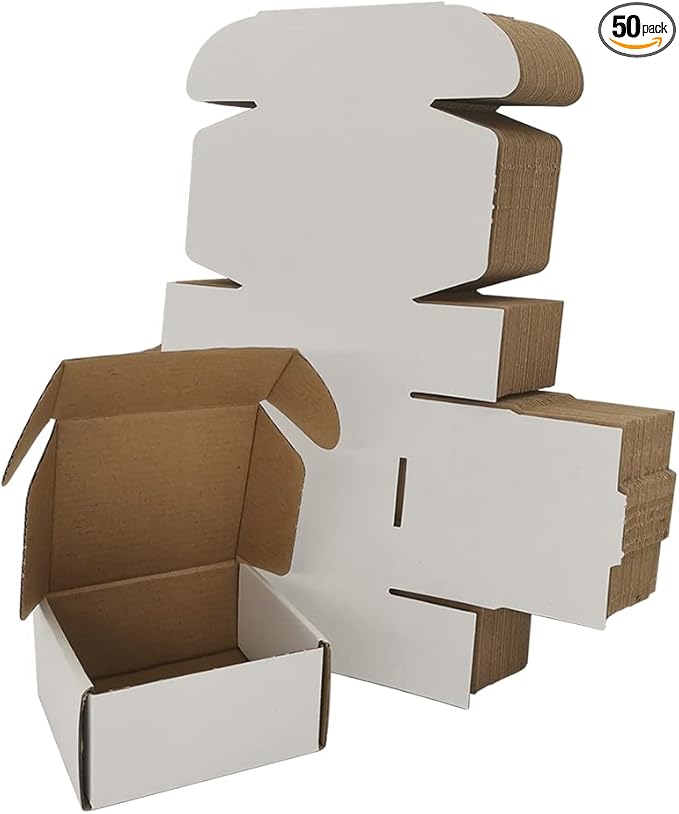 50 Pack 4x4x2'' Small Shipping Boxes, White Corrugated Cardboard Literature Mailers, Mailing Packaging Supplies for Small Business (W442-50)