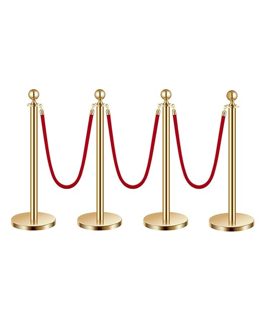 VEVOR Stanchions and Velvet Ropes 4Pcs, Hollow Base with Stainless Steel Post, 3 Red Velvet Ropes and Posts, Crowd Control Barriers Gold Stanchions, Red Carpet Runner Poles for Party Supplies