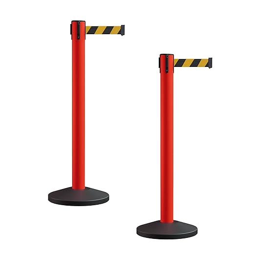Crowd Control Warehouse CCW Series RBB-150 - Set of 2 Stanchion Retractable Belt Barriers - 16 Foot, Black & Yellow Diagonal Belt with Red Post - Easy Assembly