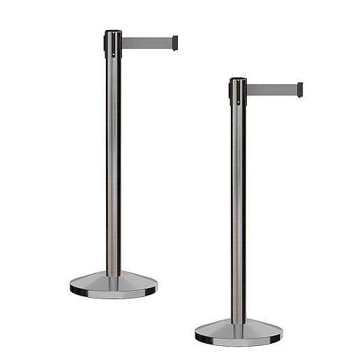 CCW Series RBB-100 - Set of 2 Stanchion Retractable Belt Barriers (9 Foot Belt, Light Grey Belt with Satin Stainless Steel Post)