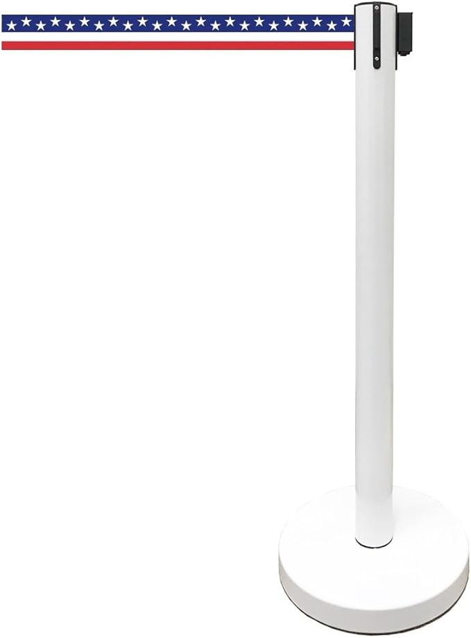 Retractable Stanchion, 6 SPECIALTY Posts + Signframe, 36" Ht, 78" Special Event & Holiday Theme Belt + Bonus Replacement Cassettes + Wall Receiver (WHT Post/July 4th Flag Belt)